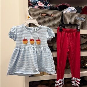 Light Blue Striped Cupcake Top & Red Legging Matching Set